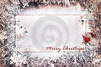 Christmas card greeting with rectangled frame surrounded by snowflake glitter Stock Photo